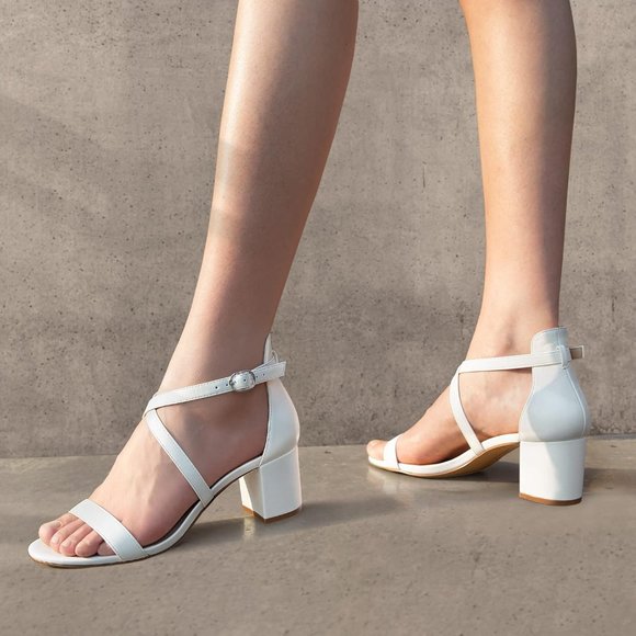 Women's White Strappy Block Heels Comfy Grace Sandals Open Toe Chunky Dress - Picture 7 of 7